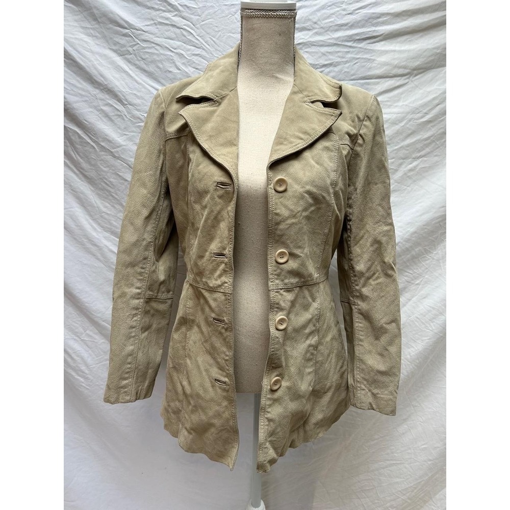 Beyond California Womens Jacket M Tan Fit Genuine Leather Button Front Collar
